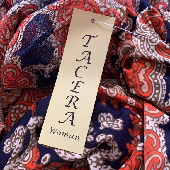 NWT TACERA Woman’s Medallion Orange Navy Blue Dress Sheer Winged Sleeves 2X - Picture 10 of 15
